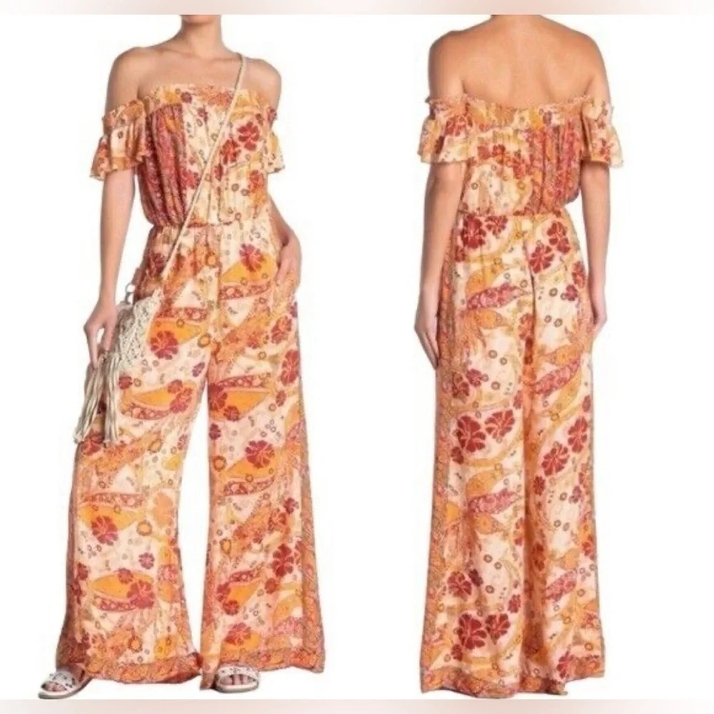 Free People|Carmen Jumpsuit,Boho floral wide leg jumpsuit-off the shoulders••• - Picture 3 of 15